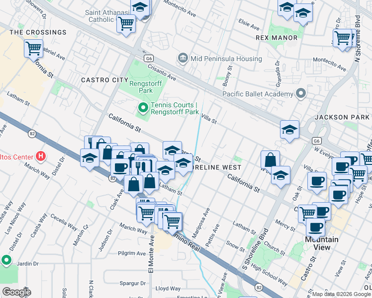 map of restaurants, bars, coffee shops, grocery stores, and more near 1846 California Street in Mountain View