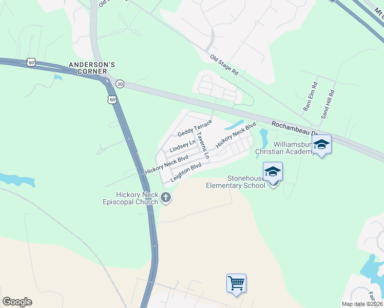 map of restaurants, bars, coffee shops, grocery stores, and more near Hickory Neck Blvd in James City