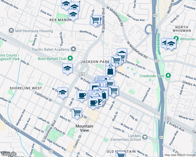map of restaurants, bars, coffee shops, grocery stores, and more near 809 Washington Street in Mountain View