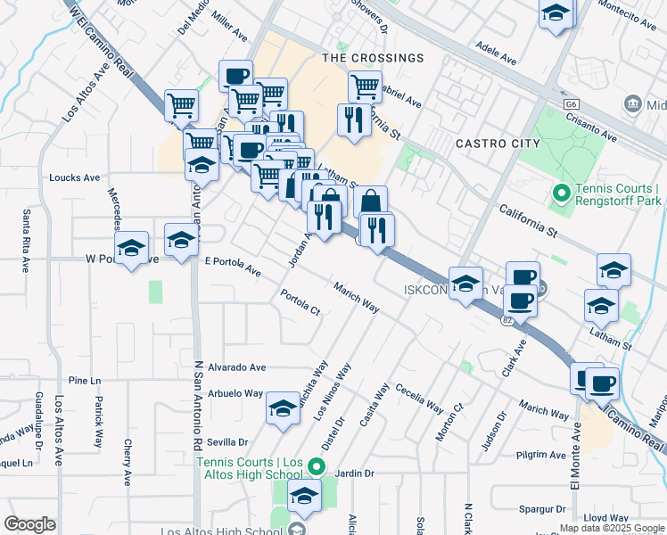 map of restaurants, bars, coffee shops, grocery stores, and more near 281 Marich Way in Los Altos