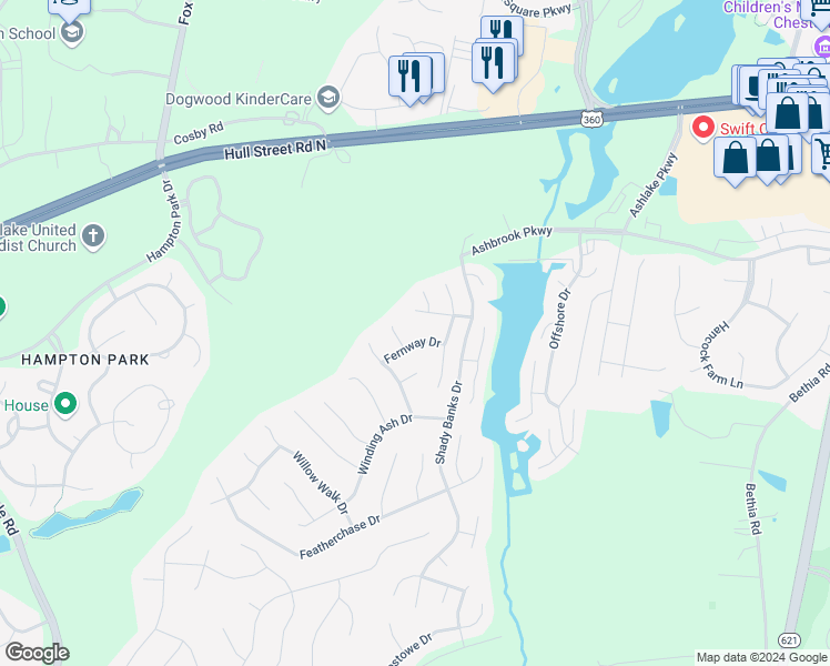 map of restaurants, bars, coffee shops, grocery stores, and more near 15124 Fernway Drive in Chesterfield