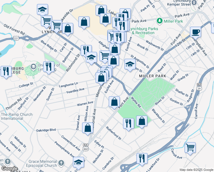 map of restaurants, bars, coffee shops, grocery stores, and more near 719 Euclid Avenue in Lynchburg