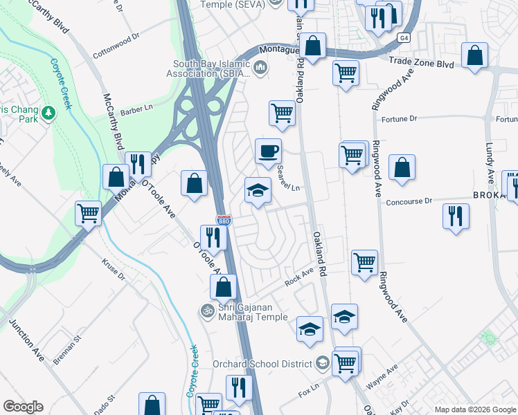 map of restaurants, bars, coffee shops, grocery stores, and more near 2151 Oakland Road in San Jose