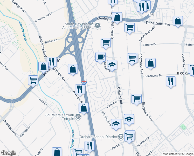 map of restaurants, bars, coffee shops, grocery stores, and more near 2151 Oakland Road in San Jose