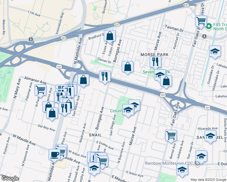 map of restaurants, bars, coffee shops, grocery stores, and more near 232 Alturas Avenue in Sunnyvale