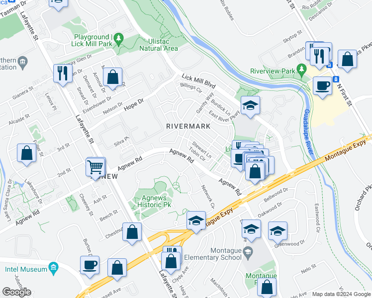 map of restaurants, bars, coffee shops, grocery stores, and more near 4226 Tobin Circle in Santa Clara