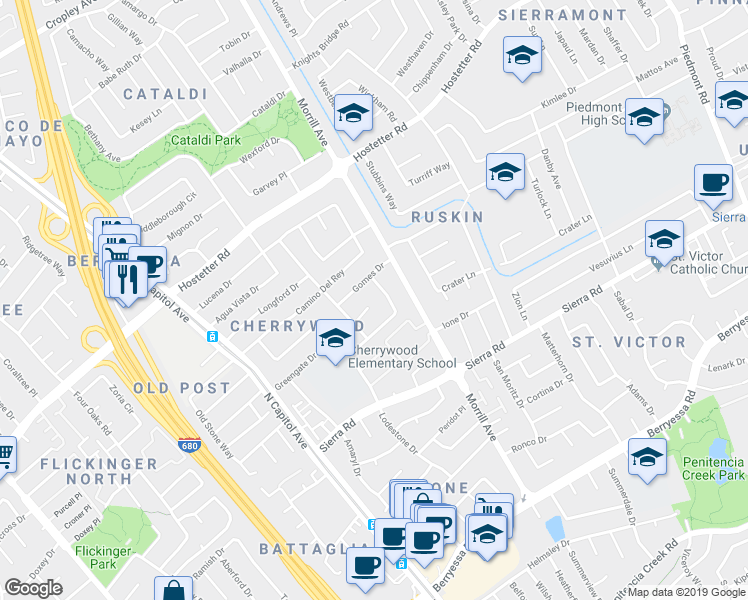 map of restaurants, bars, coffee shops, grocery stores, and more near 2646 San Marcos Court in San Jose