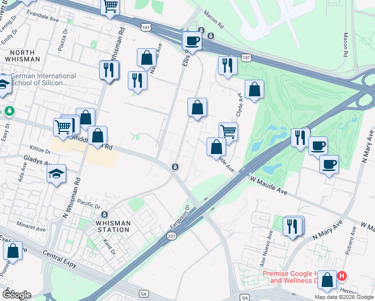 map of restaurants, bars, coffee shops, grocery stores, and more near 351-399 Logue Ave in Mountain View