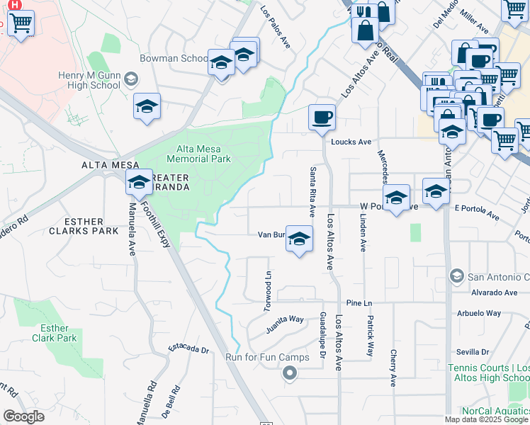 map of restaurants, bars, coffee shops, grocery stores, and more near 506 West Portola Avenue in Los Altos