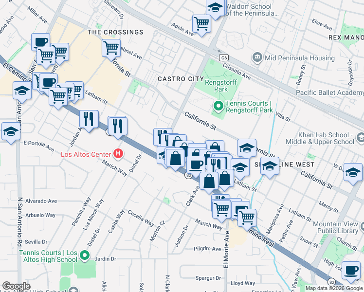 map of restaurants, bars, coffee shops, grocery stores, and more near 2050 Latham Street in Mountain View