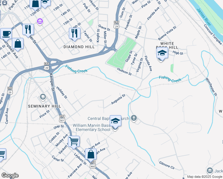 map of restaurants, bars, coffee shops, grocery stores, and more near 2424 Benton Street in Lynchburg