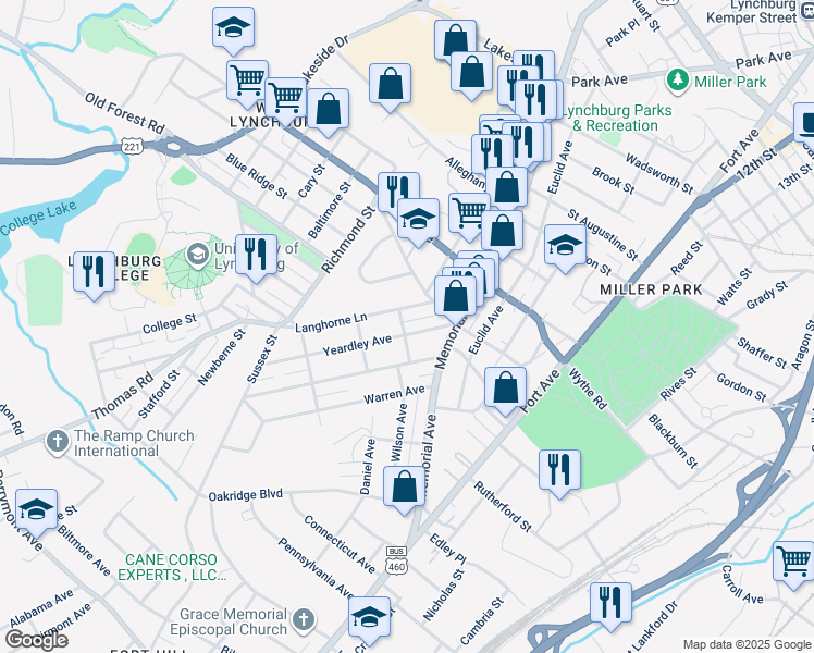 map of restaurants, bars, coffee shops, grocery stores, and more near 120 Yeardley Avenue in Lynchburg