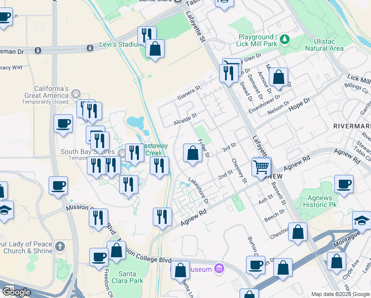 map of restaurants, bars, coffee shops, grocery stores, and more near 2322 Rambo Court in Santa Clara