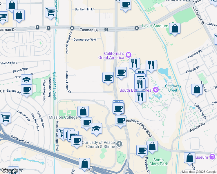 map of restaurants, bars, coffee shops, grocery stores, and more near 4633 Old Ironsides Drive in Santa Clara