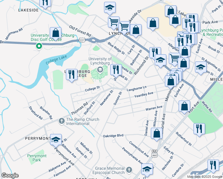 map of restaurants, bars, coffee shops, grocery stores, and more near 101 Thomas Road in Lynchburg