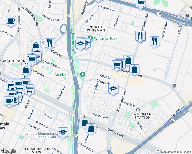 map of restaurants, bars, coffee shops, grocery stores, and more near 251 Tyrella Avenue in Mountain View