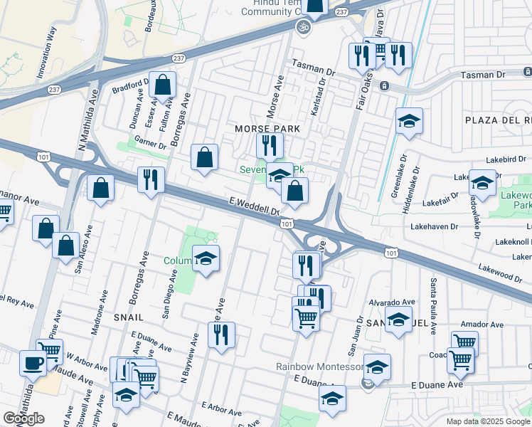 map of restaurants, bars, coffee shops, grocery stores, and more near 550 East Weddell Drive in Sunnyvale