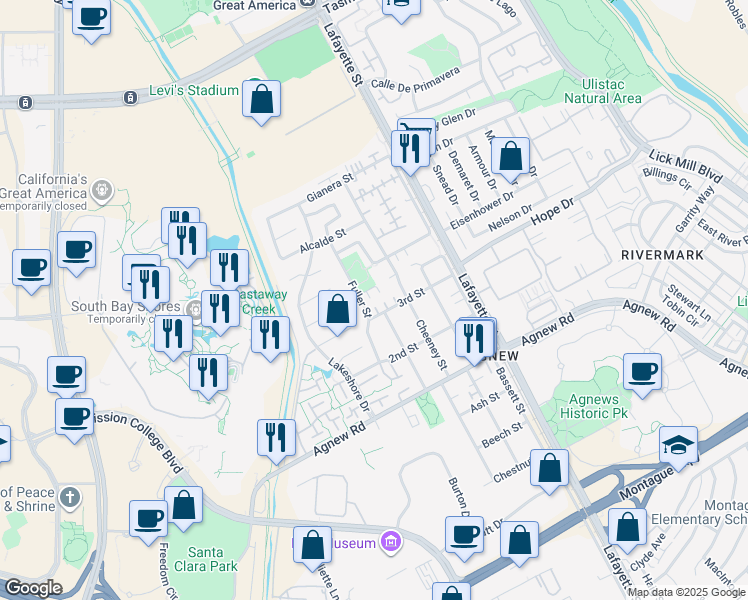 map of restaurants, bars, coffee shops, grocery stores, and more near 4534 Fuller Street in Santa Clara