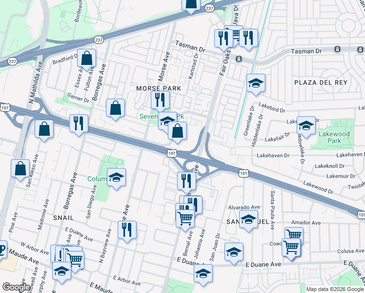 map of restaurants, bars, coffee shops, grocery stores, and more near 520 East Weddell Drive in Sunnyvale
