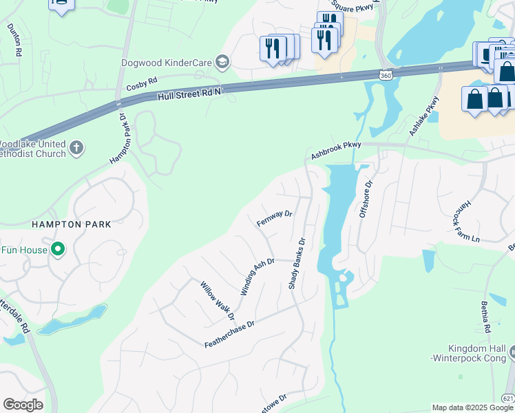 map of restaurants, bars, coffee shops, grocery stores, and more near 7612 Fernway Place in Chesterfield