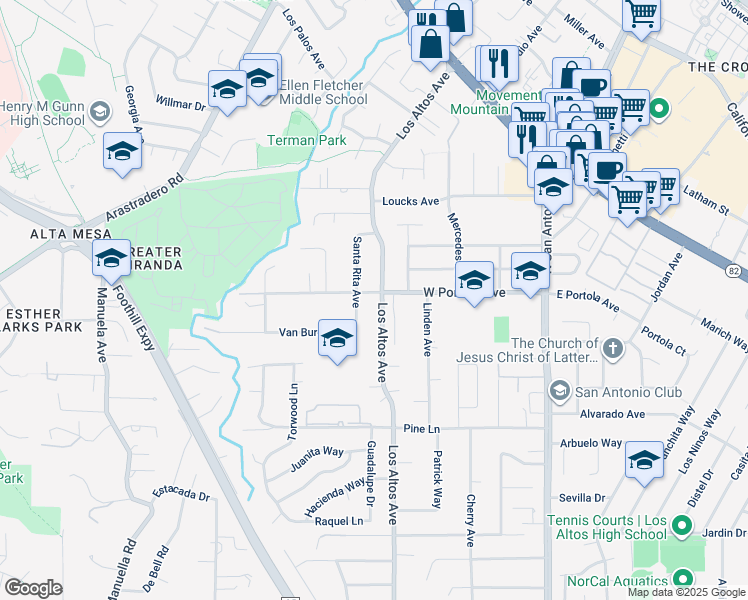 map of restaurants, bars, coffee shops, grocery stores, and more near 340 West Portola Avenue in Los Altos