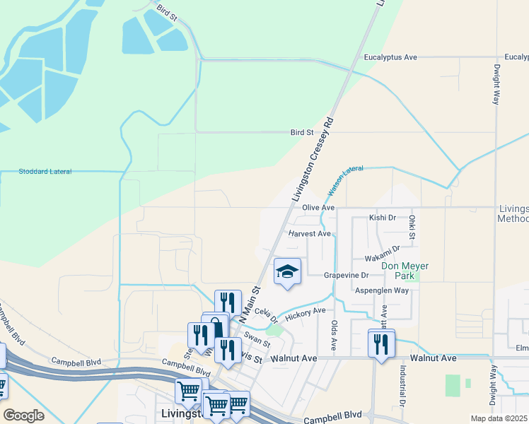map of restaurants, bars, coffee shops, grocery stores, and more near 1230 Olive Avenue in Livingston