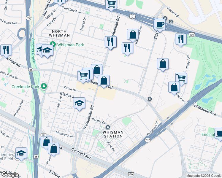 map of restaurants, bars, coffee shops, grocery stores, and more near 357 East Middlefield Road in Mountain View