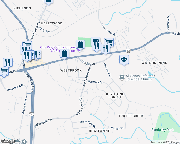 map of restaurants, bars, coffee shops, grocery stores, and more near 114 McConville Road in Lynchburg