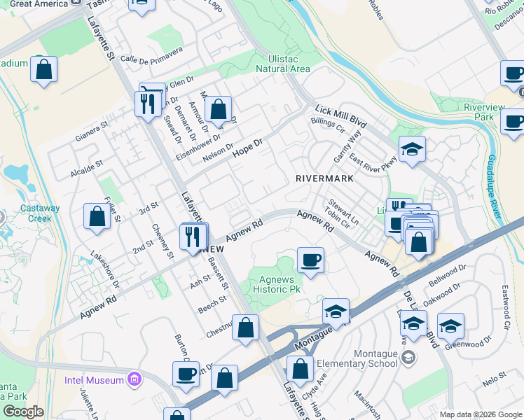 map of restaurants, bars, coffee shops, grocery stores, and more near 1509 Agnew Road in Santa Clara