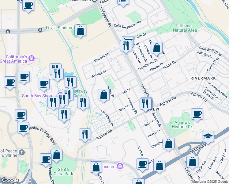 map of restaurants, bars, coffee shops, grocery stores, and more near 4534 Fuller Street in Santa Clara