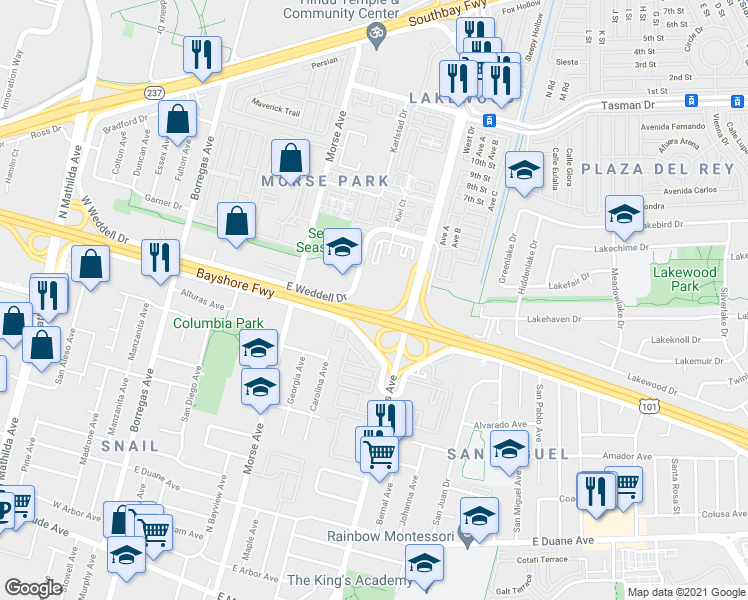 map of restaurants, bars, coffee shops, grocery stores, and more near 520 East Weddell Drive in Sunnyvale