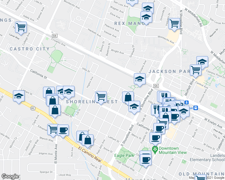 map of restaurants, bars, coffee shops, grocery stores, and more near 255 Mariposa Avenue in Mountain View
