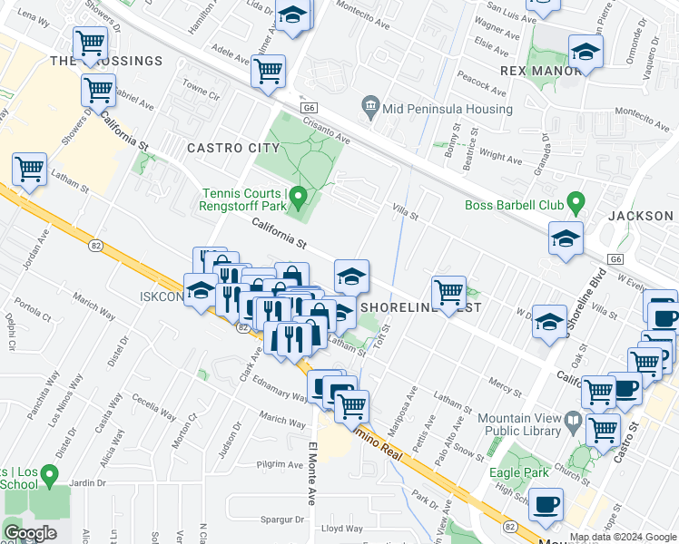 map of restaurants, bars, coffee shops, grocery stores, and more near in Mountain View