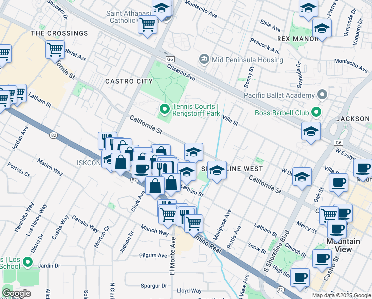 map of restaurants, bars, coffee shops, grocery stores, and more near 1921 California Street in Mountain View