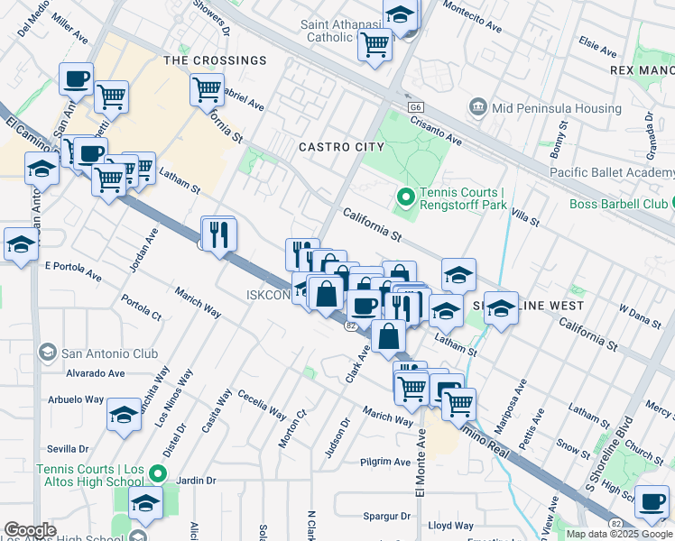 map of restaurants, bars, coffee shops, grocery stores, and more near 2050 Latham Street in Mountain View