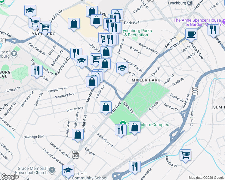 map of restaurants, bars, coffee shops, grocery stores, and more near 708 Mansfield Avenue in Lynchburg