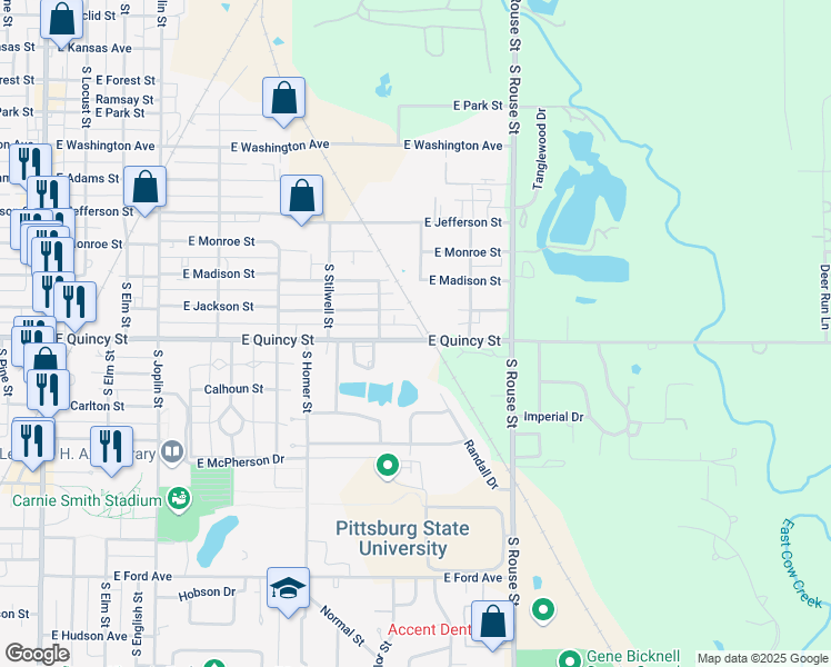 map of restaurants, bars, coffee shops, grocery stores, and more near 909 East Quincy Street in Pittsburg