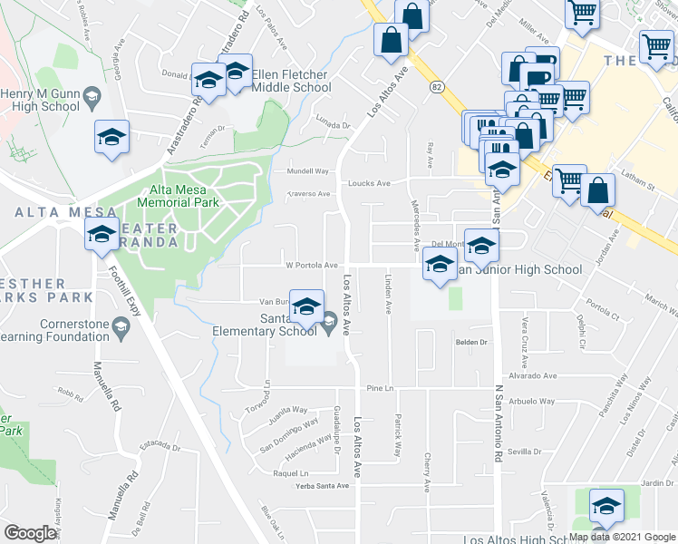 map of restaurants, bars, coffee shops, grocery stores, and more near 340 West Portola Avenue in Los Altos