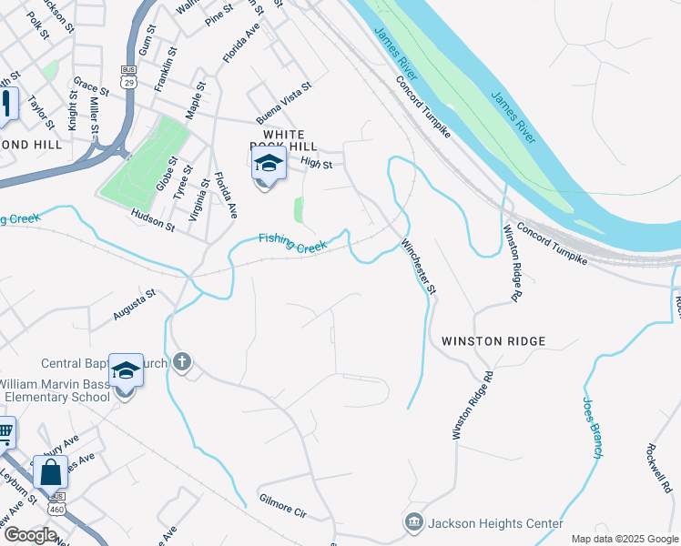 map of restaurants, bars, coffee shops, grocery stores, and more near 209 Providence Place in Lynchburg