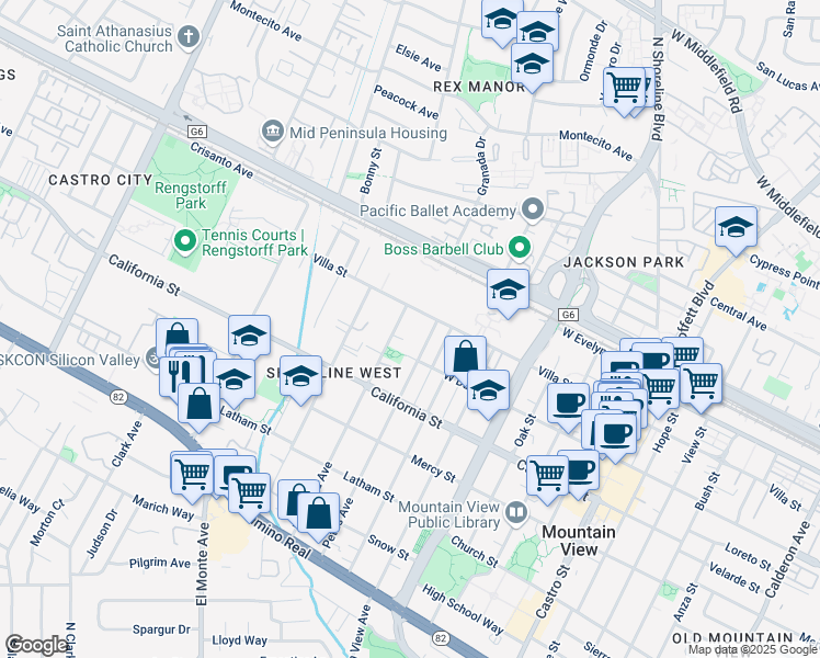 map of restaurants, bars, coffee shops, grocery stores, and more near 255 Mariposa Avenue in Mountain View
