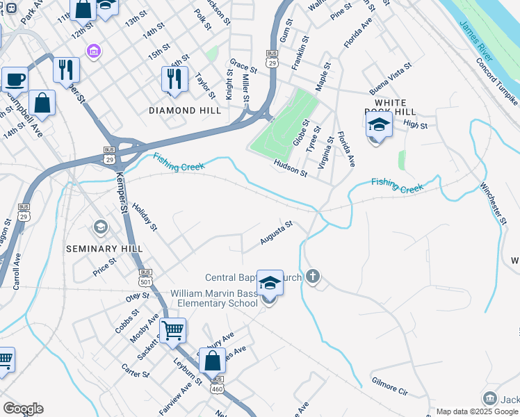 map of restaurants, bars, coffee shops, grocery stores, and more near 2432 Benton Street in Lynchburg
