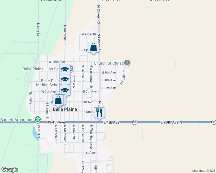 map of restaurants, bars, coffee shops, grocery stores, and more near 500 E 7th Ave in Belle Plaine