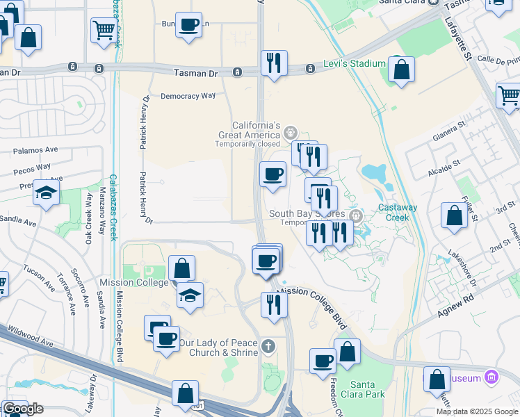 map of restaurants, bars, coffee shops, grocery stores, and more near 4555 Great America Parkway in Santa Clara