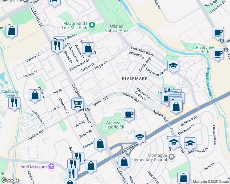 map of restaurants, bars, coffee shops, grocery stores, and more near 1459 Agnew Road in Santa Clara