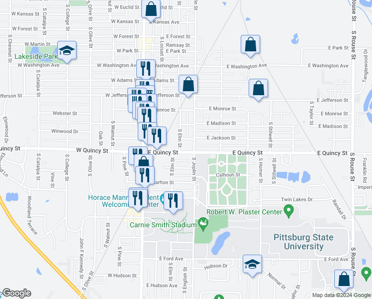 map of restaurants, bars, coffee shops, grocery stores, and more near 205 East Quincy Street in Pittsburg