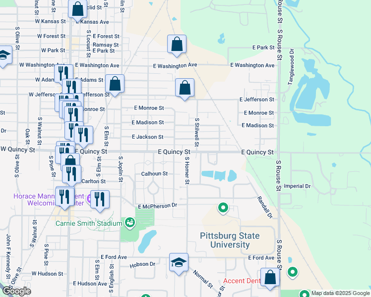 map of restaurants, bars, coffee shops, grocery stores, and more near 711 East Quincy Street in Pittsburg