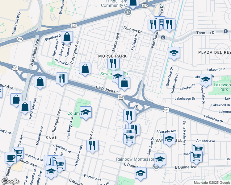 map of restaurants, bars, coffee shops, grocery stores, and more near 533 East Weddell Drive in Sunnyvale