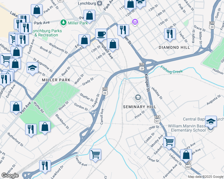 map of restaurants, bars, coffee shops, grocery stores, and more near 2215 Carroll Avenue in Lynchburg