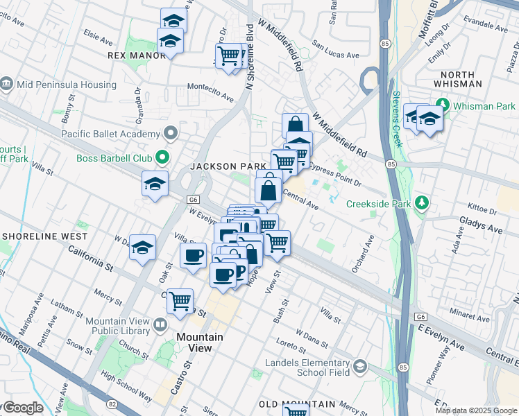 map of restaurants, bars, coffee shops, grocery stores, and more near 100 Moffett Boulevard in Mountain View