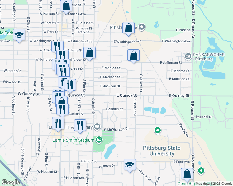 map of restaurants, bars, coffee shops, grocery stores, and more near 501-517 East Quincy Street in Pittsburg